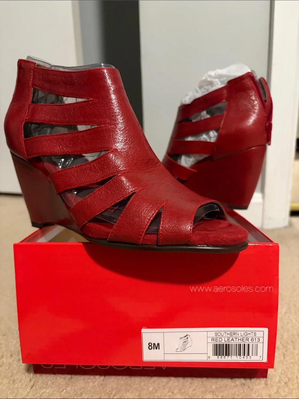 AEROSOLES Red Leather Peep-Toe Wedge Sandals